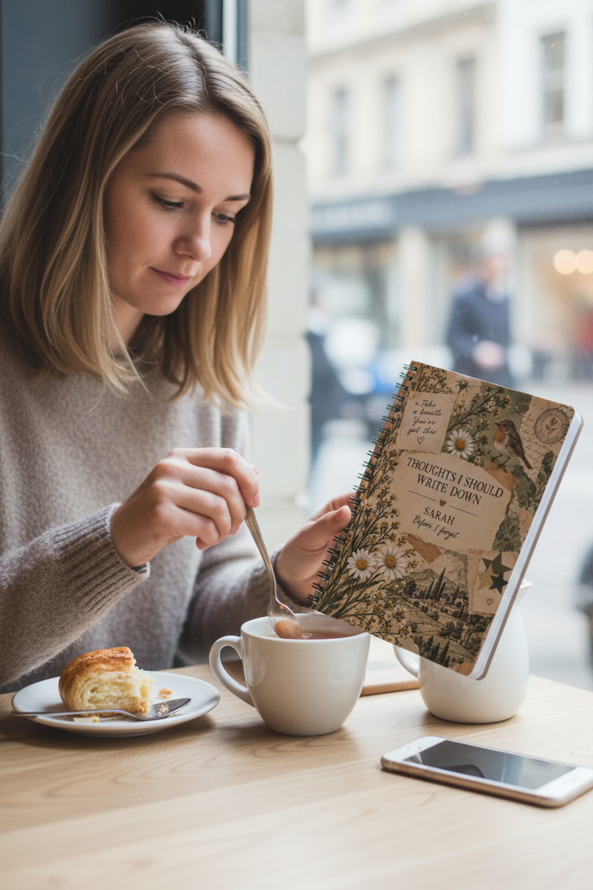 Natural-looking UGC mockup of the Sarah notebook at a cafe window