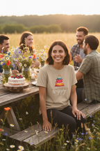 Light beige T-shirt with birthday cake graphic and 'Happy Birthday' script