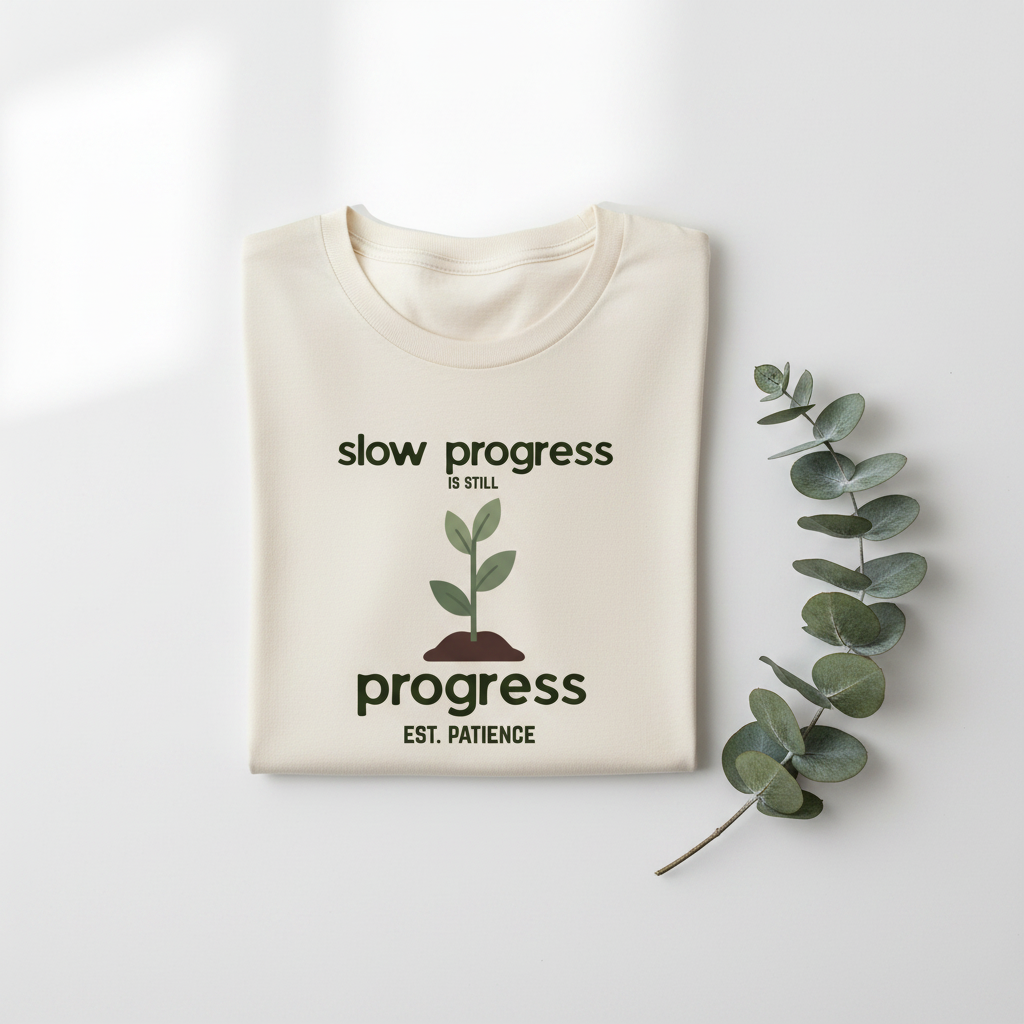 Natural/cream T-shirt with "slow progress" slogan and minimal plant graphic, crew neck.