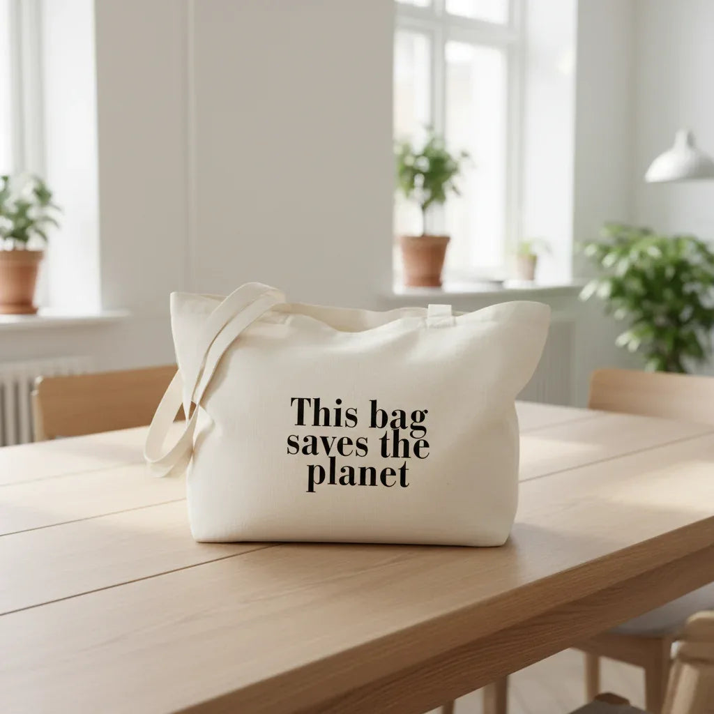 Cream cotton tote bag with custom text reading “This bag saves the planet”.