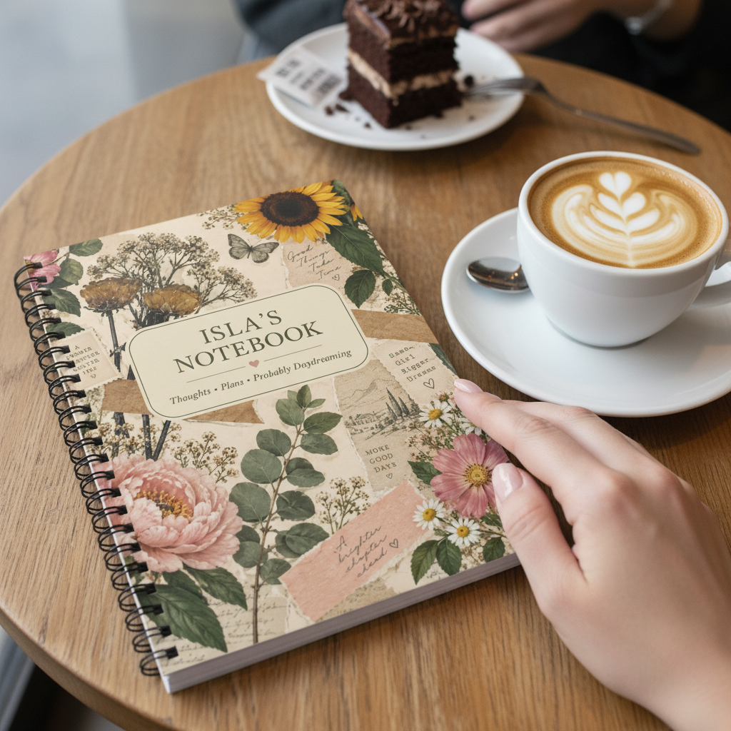 Natural UGC mockup of the Isla notebook at a cafe