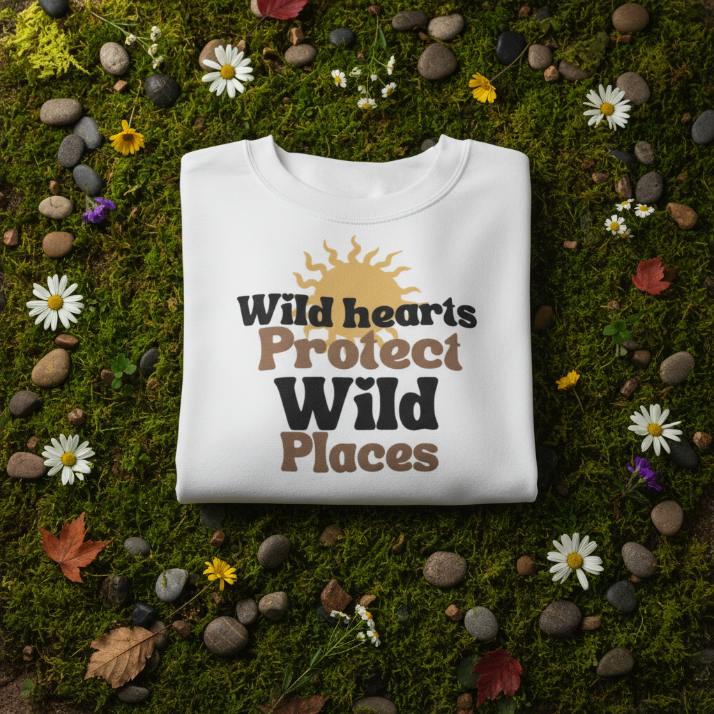 White sweatshirt with beige and black Wild hearts protect graphic, crew neck