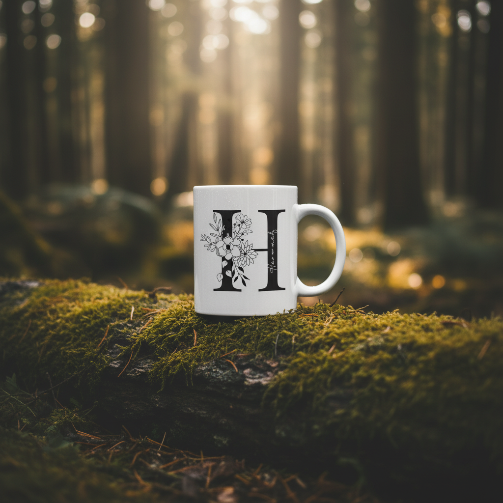 Personalised name mug with black monogram and floral design on grassy ground