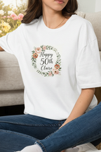 White birthday T-shirt with floral wreath 'Happy 50th Claire'.