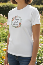 White birthday T-shirt with floral wreath 'Happy 70th Patricia'.