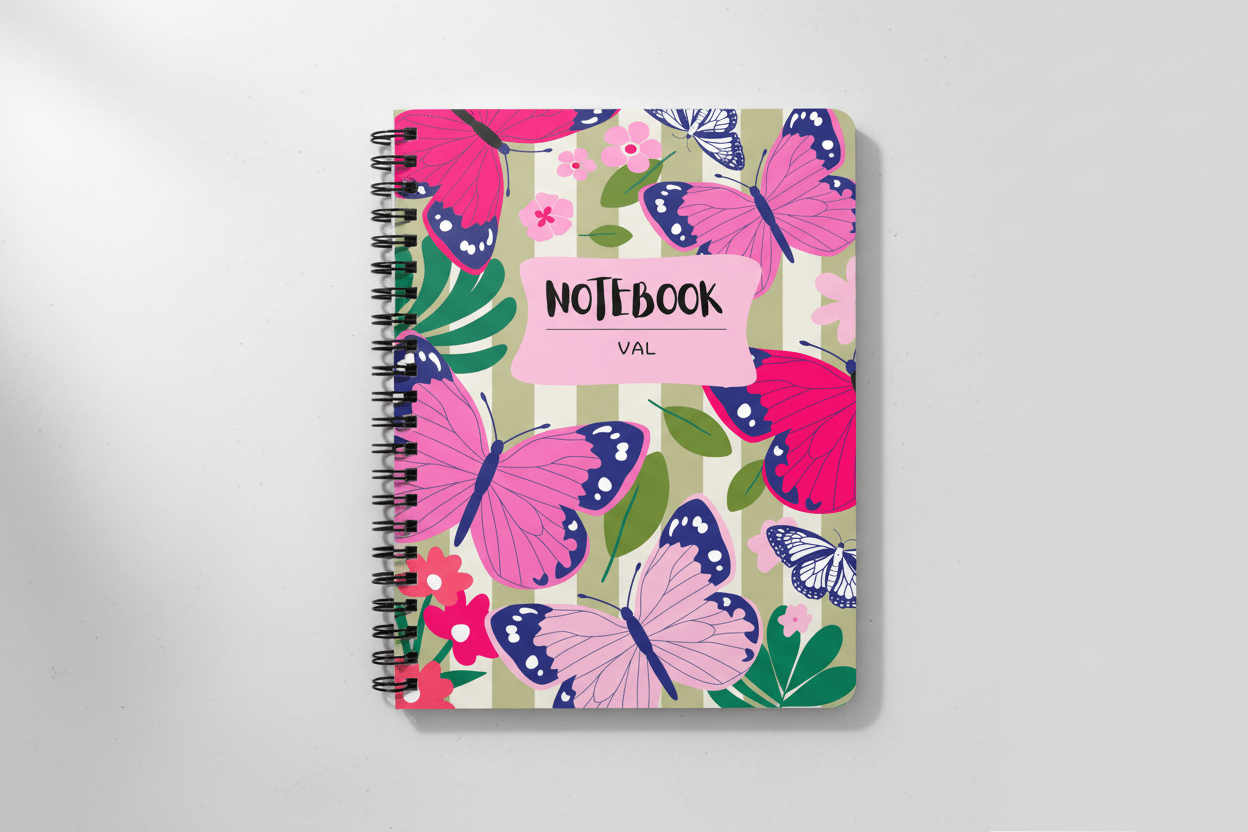 Butterfly spiral notebook cover with pink name label reading “NOTEBOOK” and “VAL”