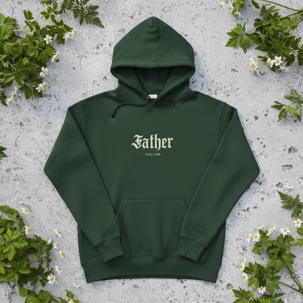 Forest green hoodie with 'Father' chest logo, hood and front pocket