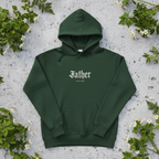 Forest green hoodie with 'Father' chest logo, hood and front pocket