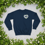 Sweatshirt, navy crewneck with DAD heart logo, laid flat