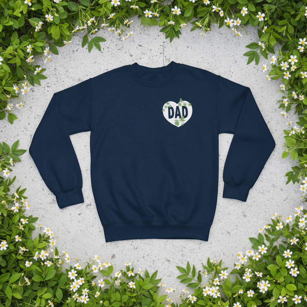 Sweatshirt, navy crewneck with DAD heart logo, laid flat