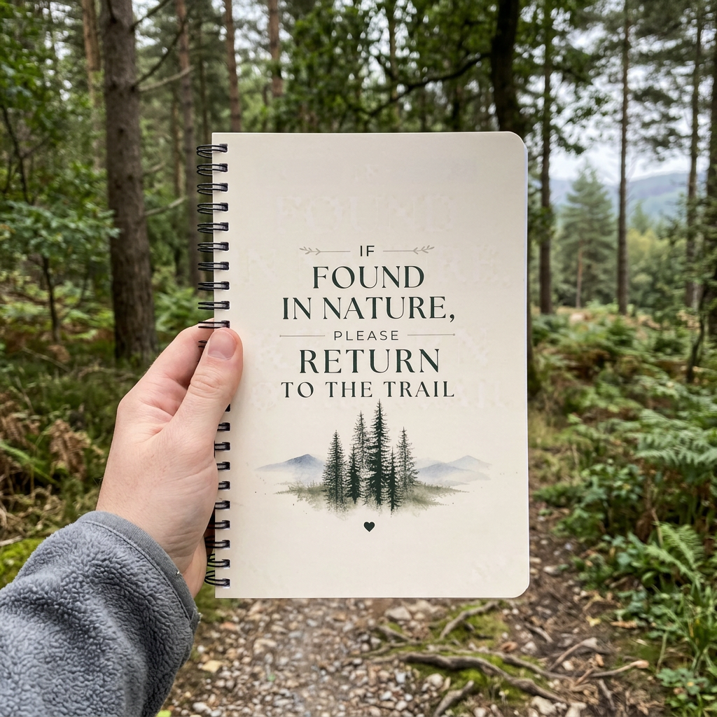 Nature notebook with spiral binding held in hand, cover reads “Return to the Trail”.