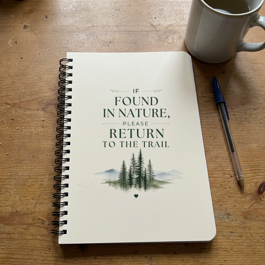 Ivory nature notebook on wooden table with spiral binding and return message cover text.