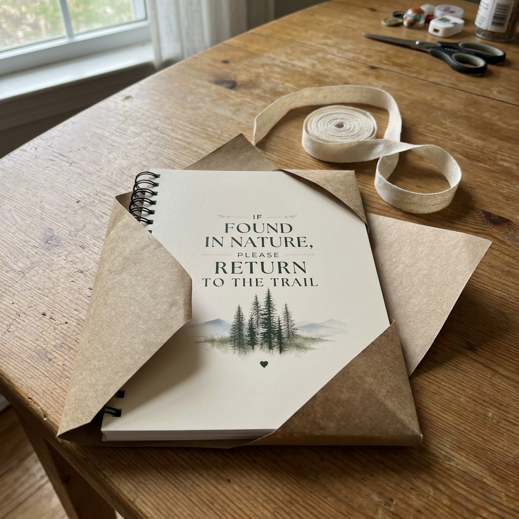 Wrapped ivory nature notebook with spiral binding, cover shows forest and “Return to the Trail”.