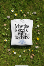 White hooded sweatshirt with front graphic text and blue book emblem.