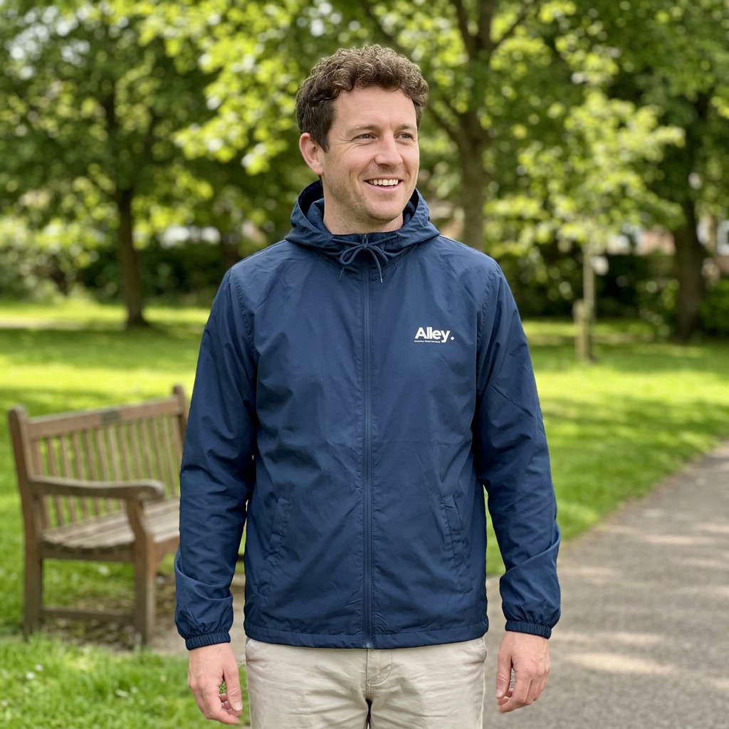 Blue hooded lightweight windbreaker jacket with Alley logo, front