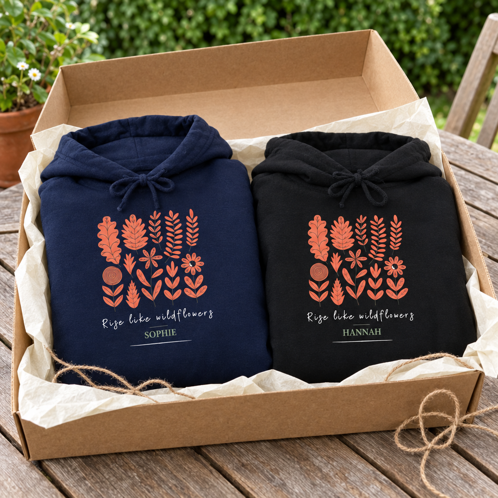 Navy and black Wildflowers hoodies gift-ready in a garden