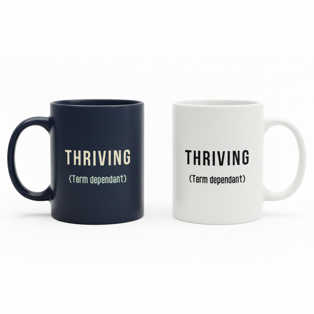 Two coffee mugs: navy and white, each with THRIVING (Term dependant) text