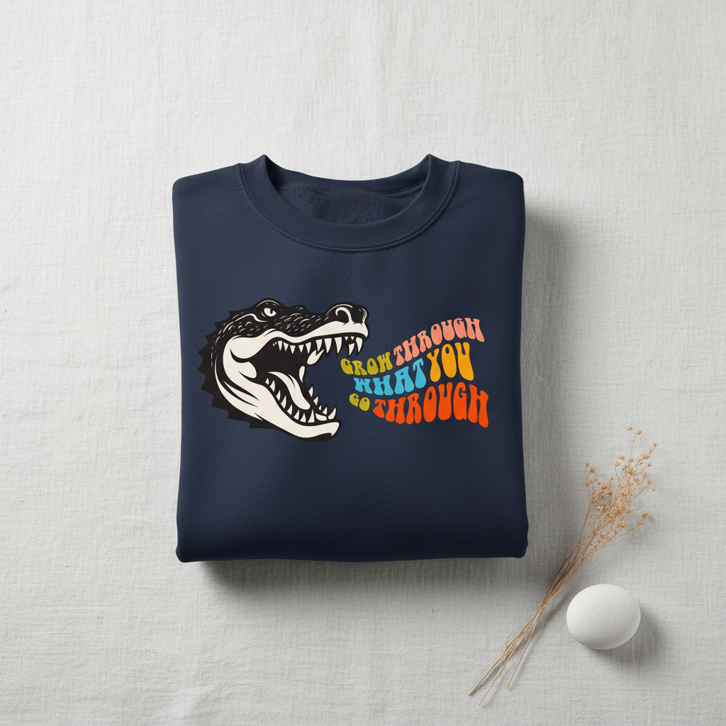 Navy sweatshirt with crocodile graphic and orange multicolor “grow through” text