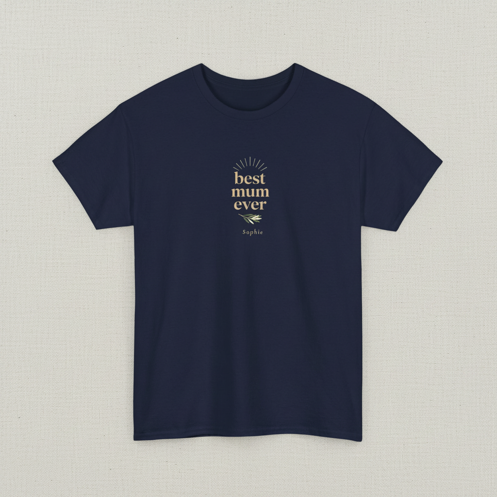 Navy T-shirt with “best mum ever” chest print, personalized “Sophie”