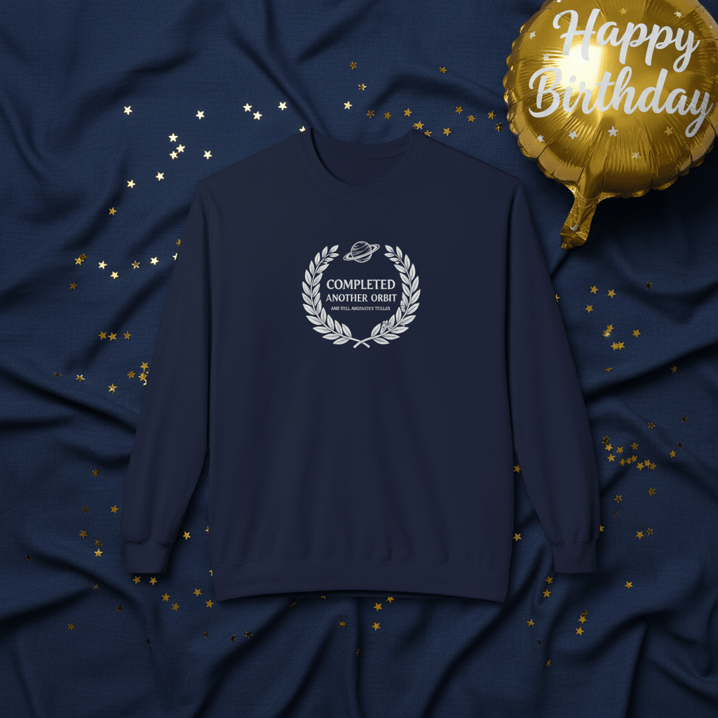 Navy sweatshirt with white 'Completed Another Orbit' wreath graphic