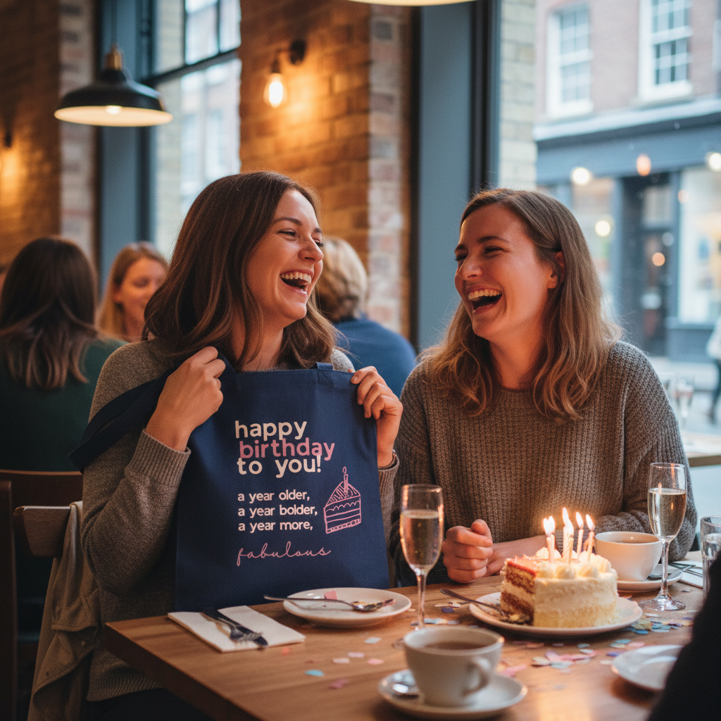 Navy cotton tote bag with 'happy birthday to you' text and cake icon graphic.