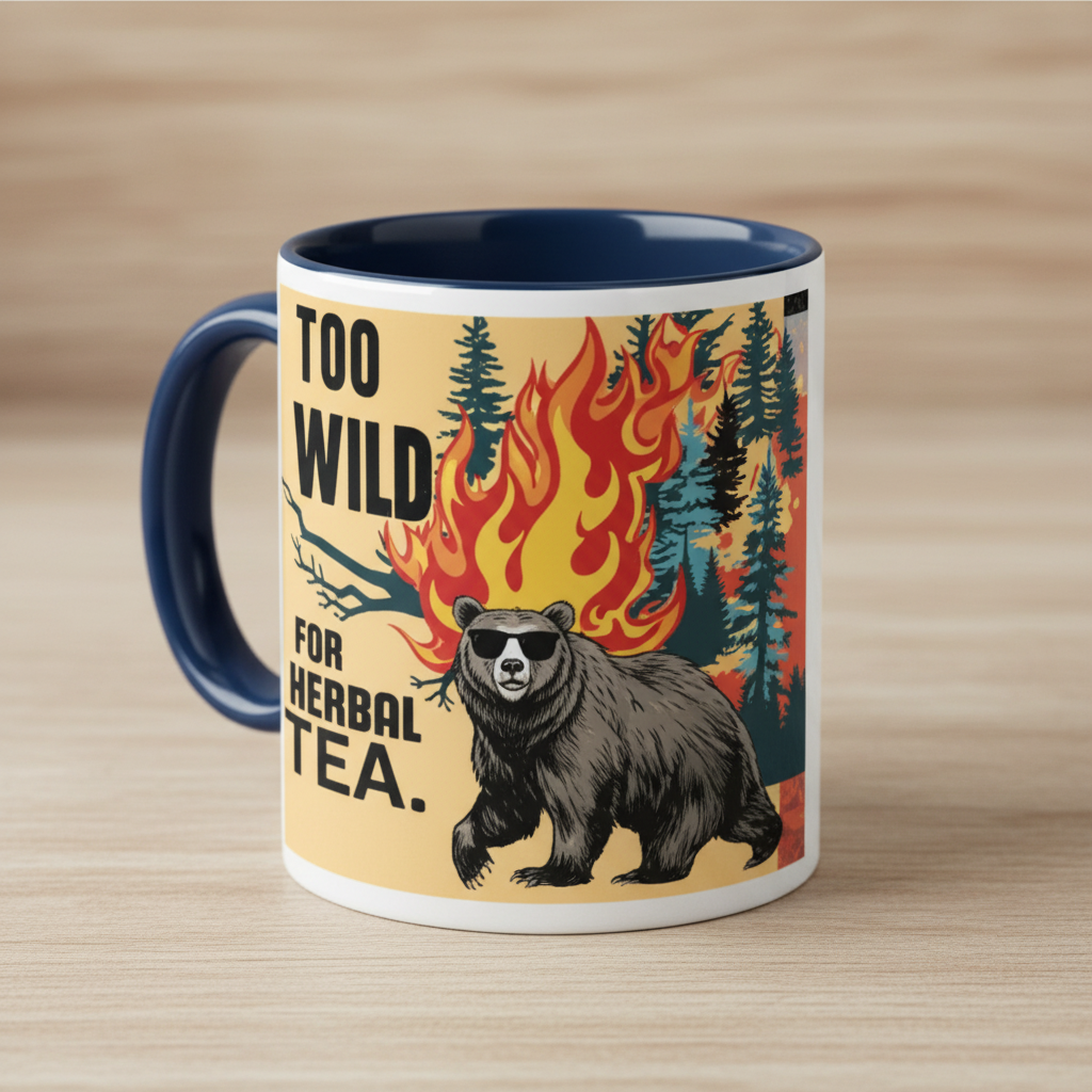 Navy ceramic mug with a bear graphic, flames, and “TOO WILD FOR HERBAL TEA.”