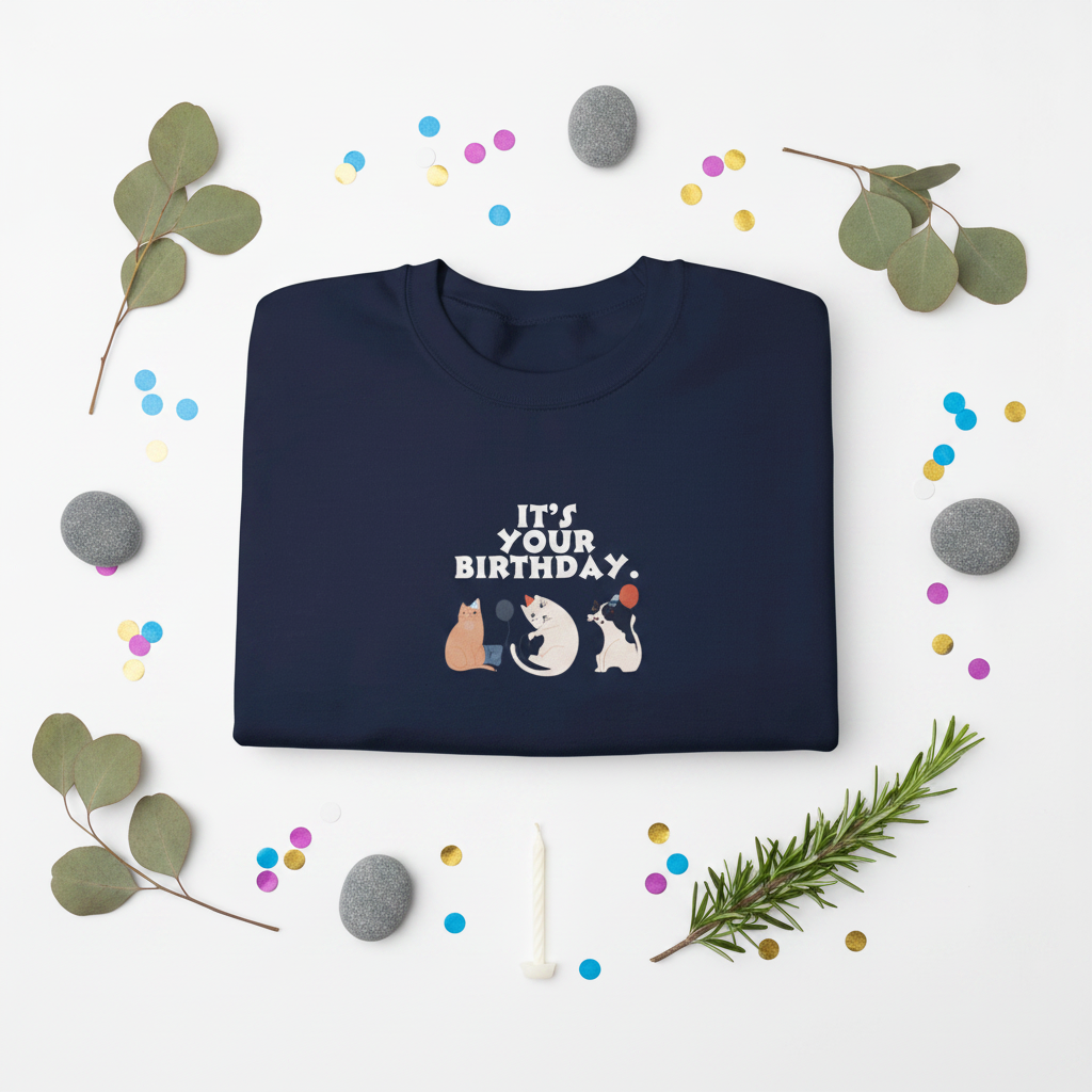 Navy crewneck sweatshirt with 'It's My Birthday' cat graphic, laid flat