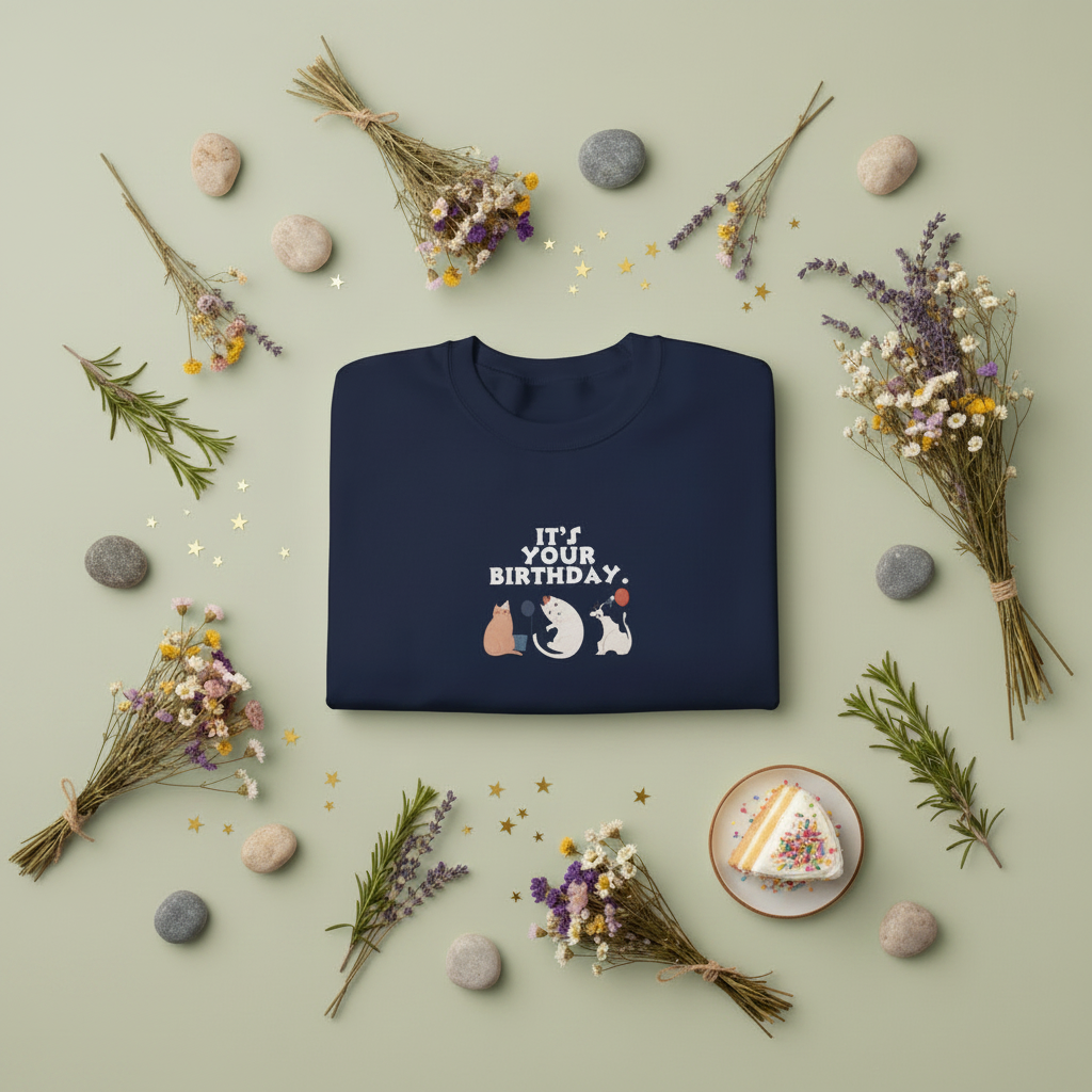 Navy crewneck cat birthday sweatshirt with front graphic cats and “It’s your birthday” text