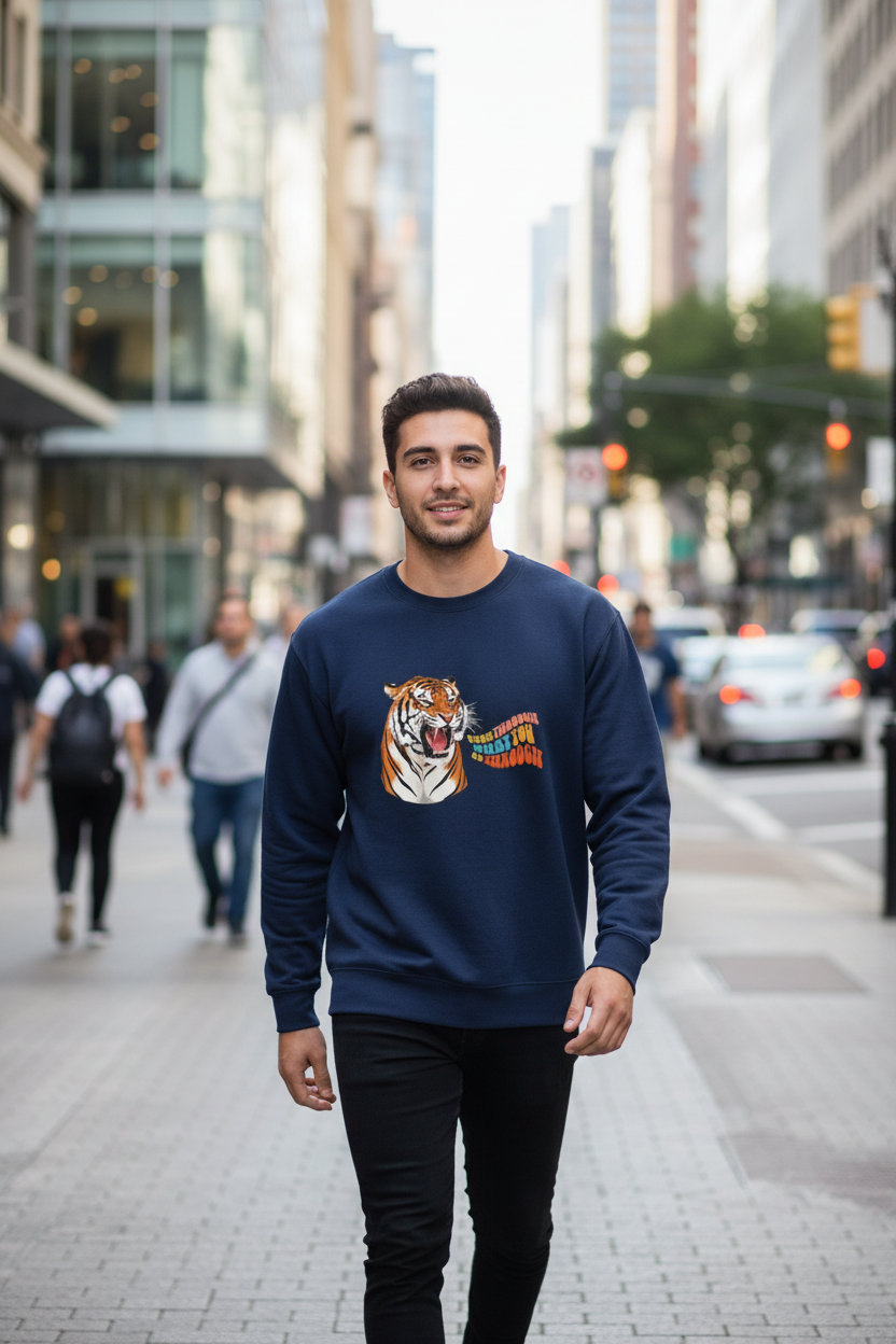 Navy crewneck sweatshirt with tiger head graphic on the front, worn by a man
