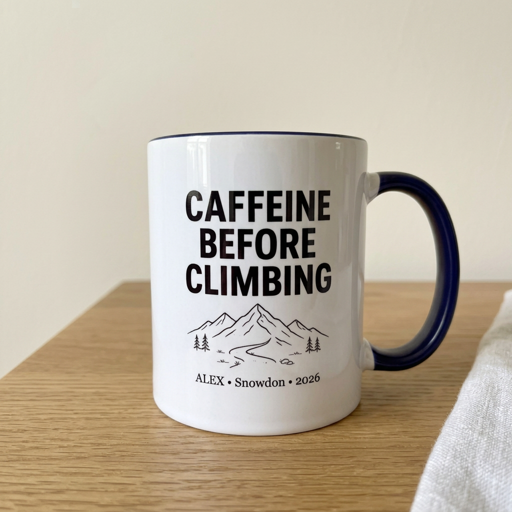 Navy climbing mug on a light oak table in a minimal cottage setting