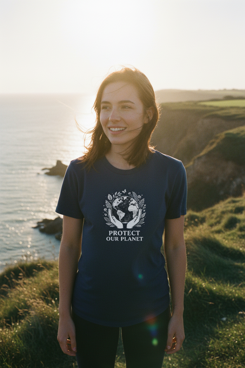 Black T-shirt with globe laurel graphic: 'PROTECT OUR PLANET'