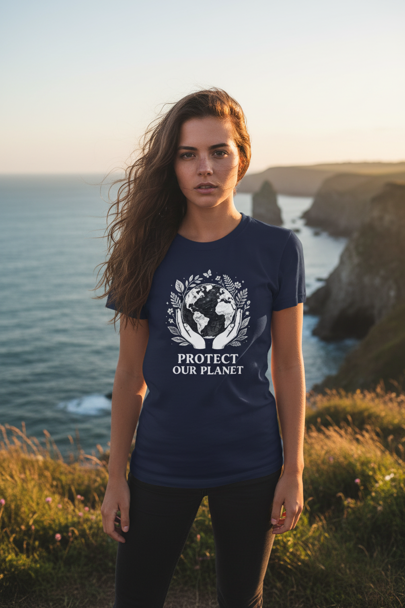 Navy T-shirt with globe-and-leaf 'Protect Our Planet' graphic