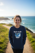 Navy sweatshirt with 'Keep the ocean blue' whale graphic, crewneck