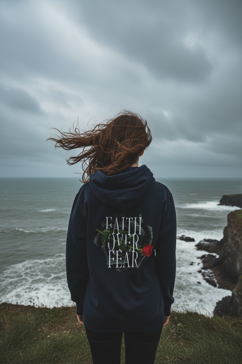 Navy unisex hoodie with Faith Over Fear back graphic, hood and kangaroo pocket