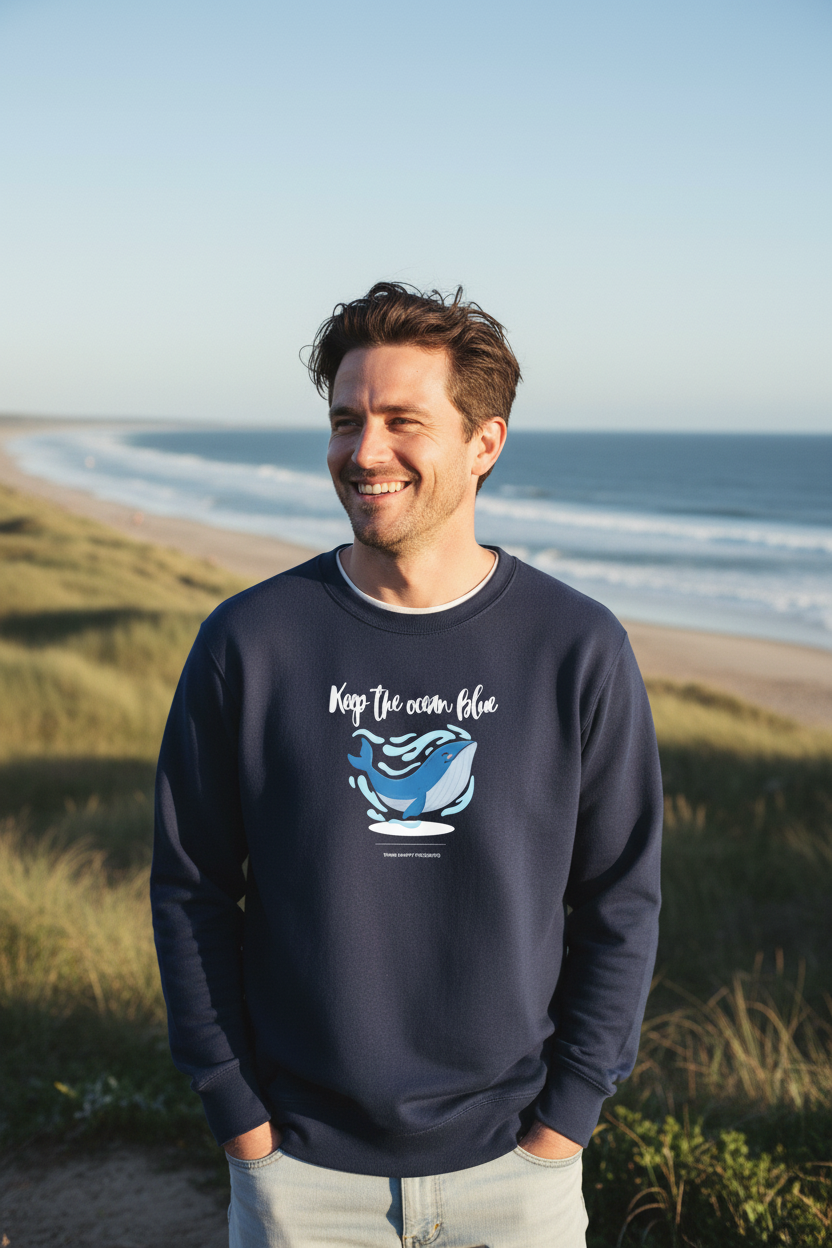 Navy crewneck sweatshirt with blue whale graphic and 'Keep the ocean blue' text