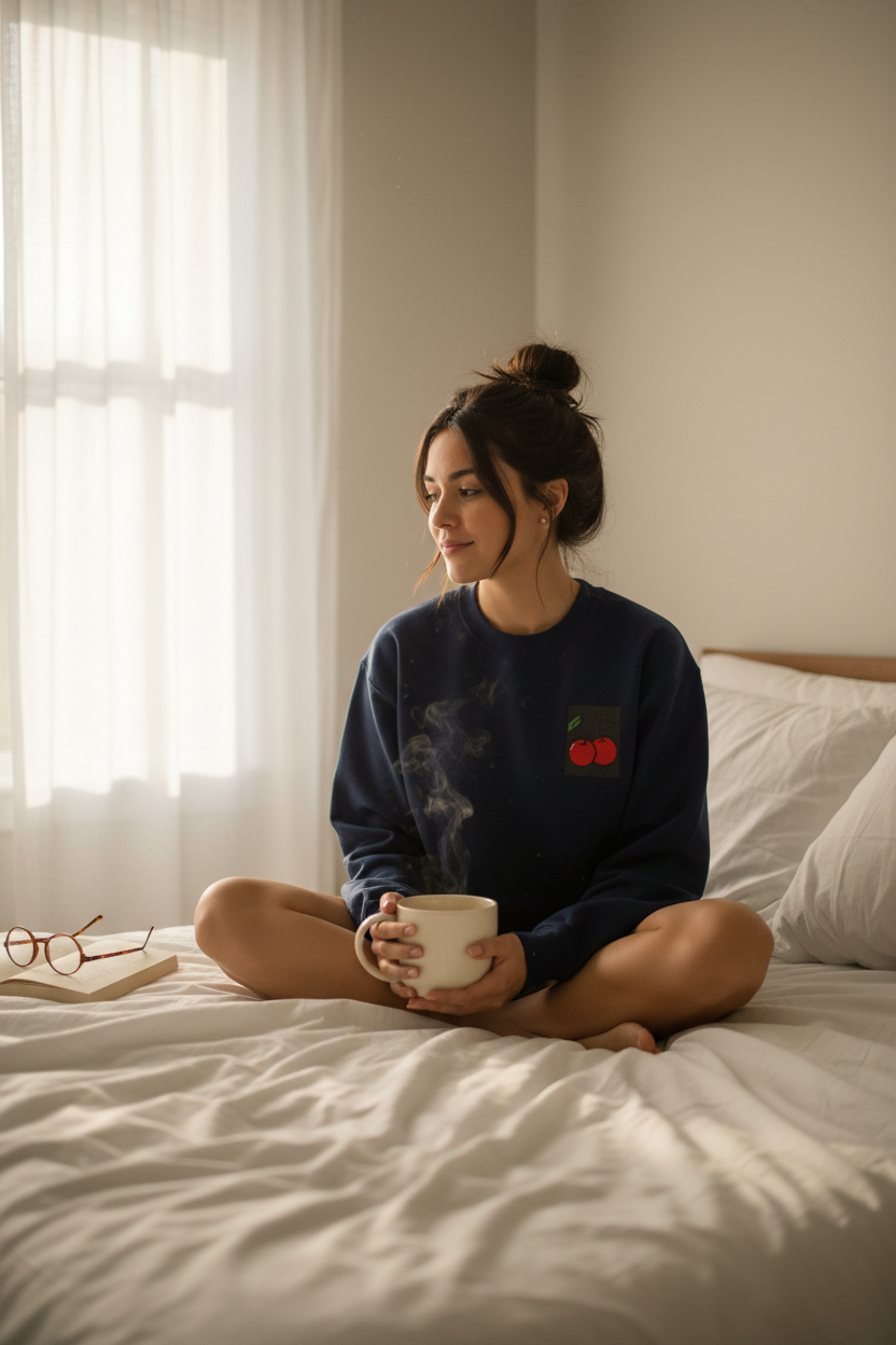 Navy crewneck sweatshirt with cherry embroidery patch on chest.