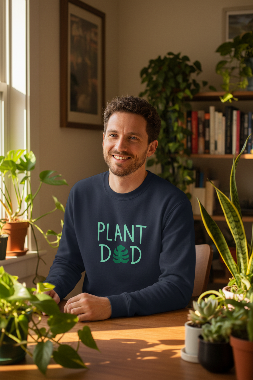 Navy crewneck sweatshirt on a smiling man with “PLANT DED” plant graphic