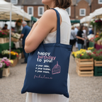 Navy cotton tote bag with shoulder straps and 'happy birthday to you' print.