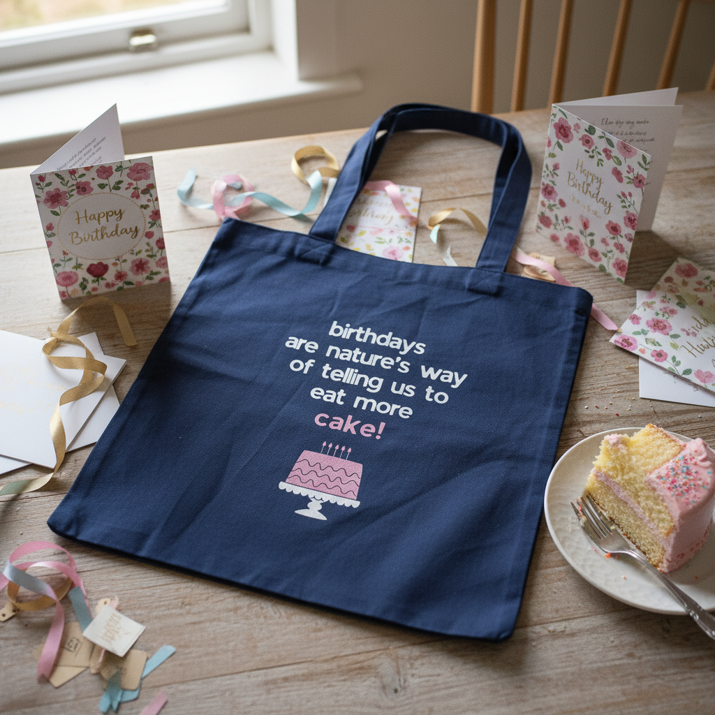 Navy canvas tote bag with birthday quote and pink cake graphic on a table