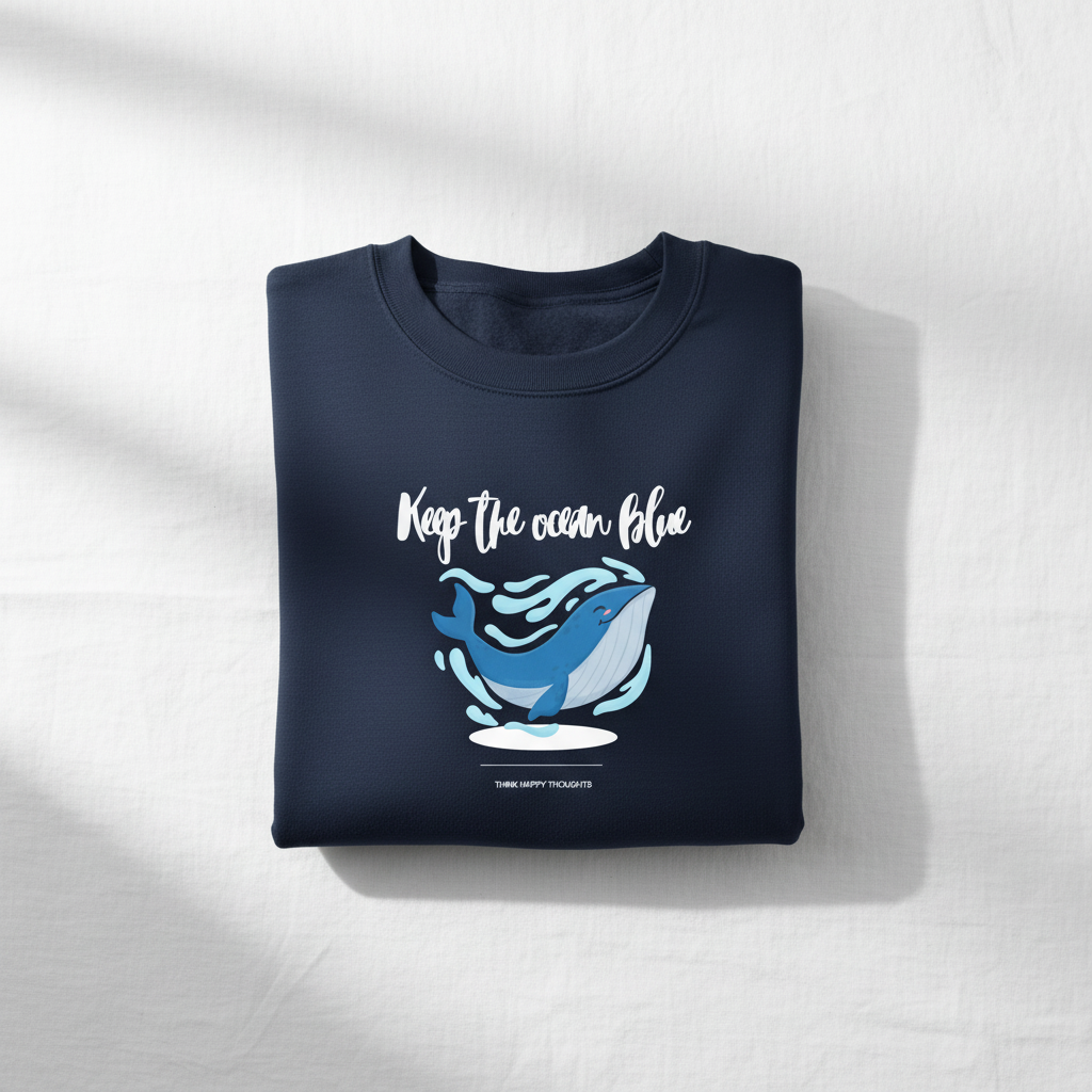 Navy sweatshirt with 'Keep the ocean blue' whale graphic, crewneck long sleeves