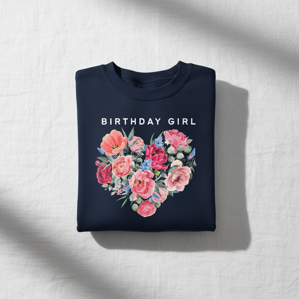 Navy crewneck sweatshirt with "BIRTHDAY GIRL" text and floral heart print