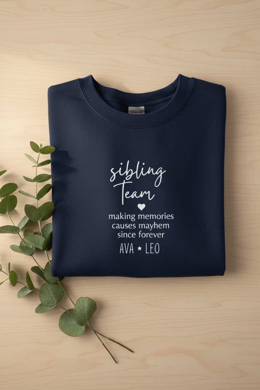 Navy crewneck sweatshirt folded with “sibling team” quote print in white ink