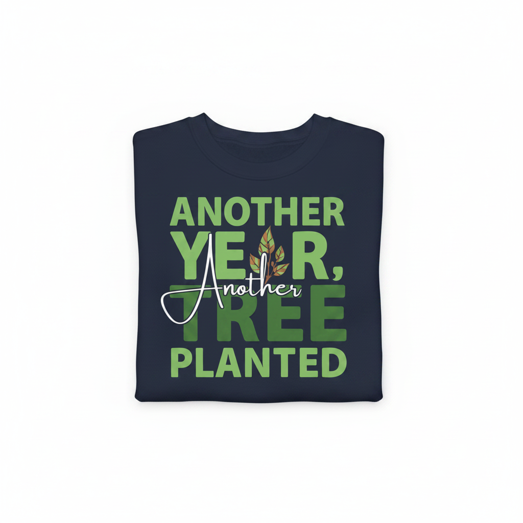 Navy crewneck sweatshirt with green 'Another Year, Another Tree Planted' graphic