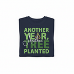 Navy crewneck sweatshirt with green 'Another Year, Another Tree Planted' graphic
