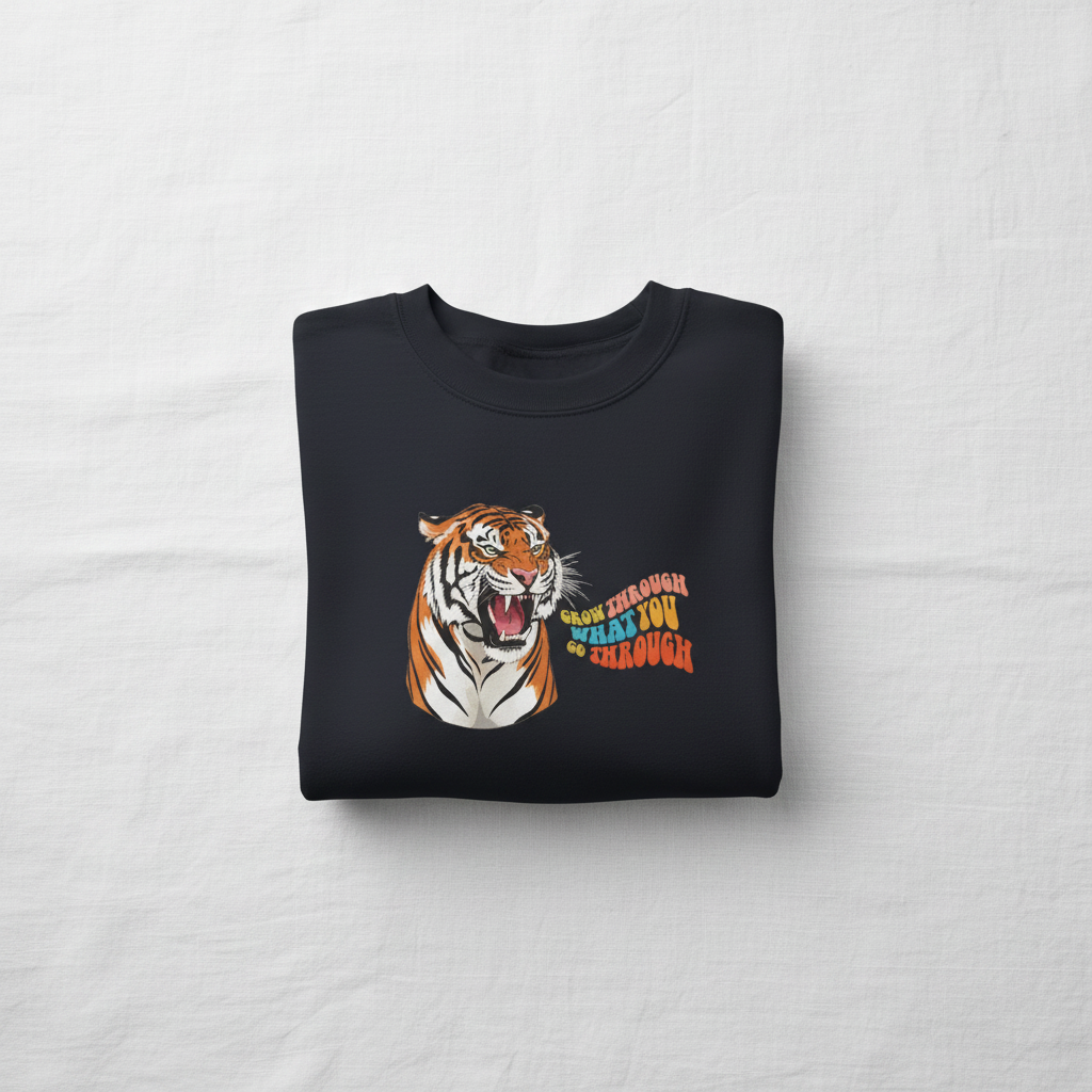 Black crewneck sweatshirt with tiger head graphic and orange text on the front, centered flat lay