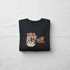 Black crewneck sweatshirt with tiger head graphic and orange text on the front, centered flat lay