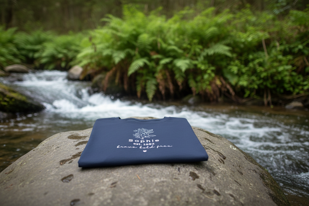 Navy folded — Forest stream rock — soft overcast light