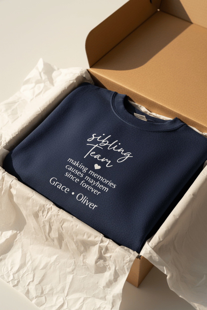 Navy crewneck sweatshirt laid in shipping box with “sibling team” quote print