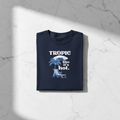 Navy crewneck T-shirt with tropical palm, umbrella, and “like it’s hot” graphic
