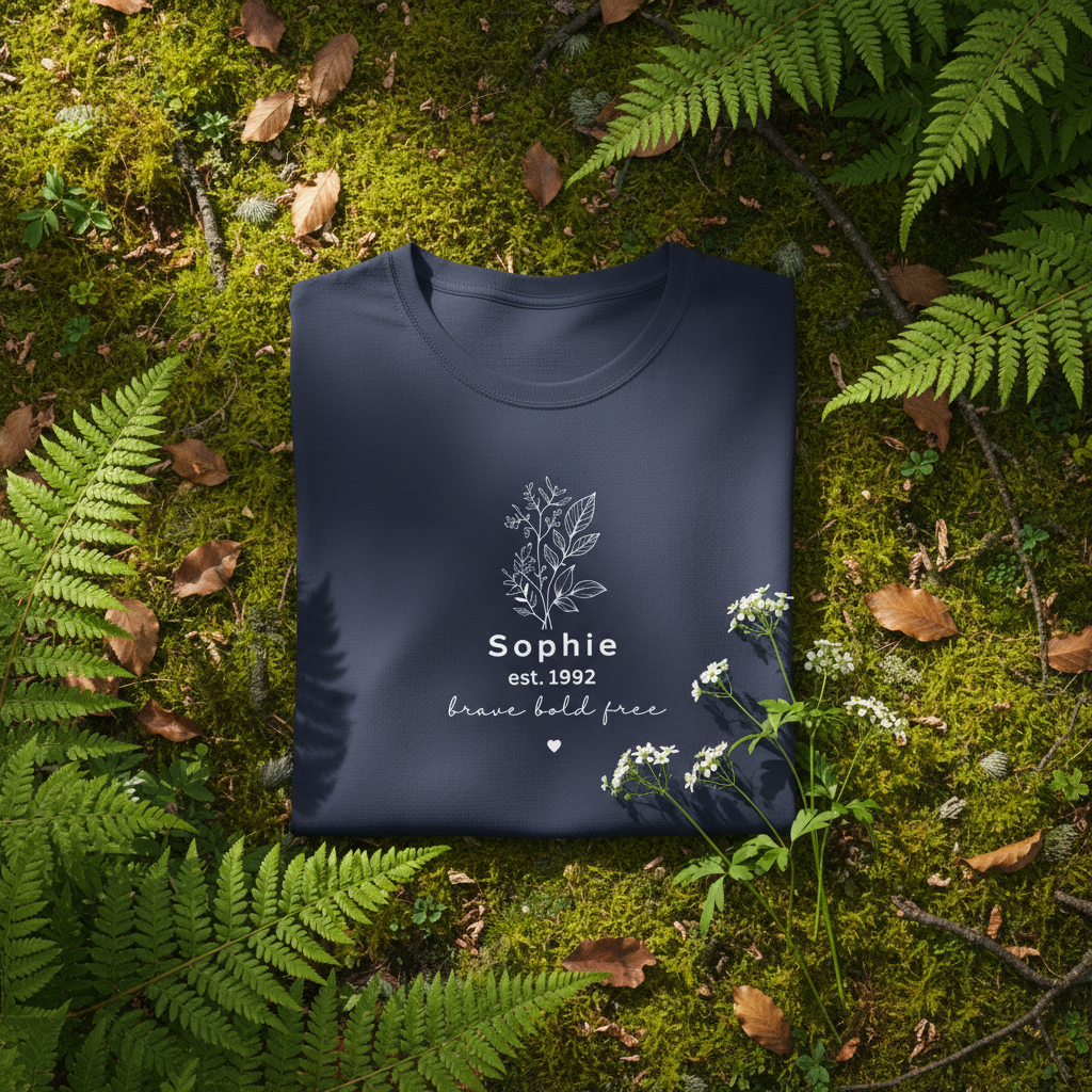 Navy folded — Mossy forest floor — ferns & dappled light